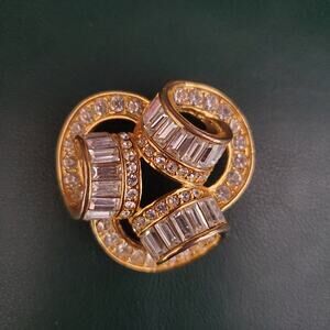Triple Coil Brooch Gold Tone with Baguette and Round Rhinestones Bling Statement